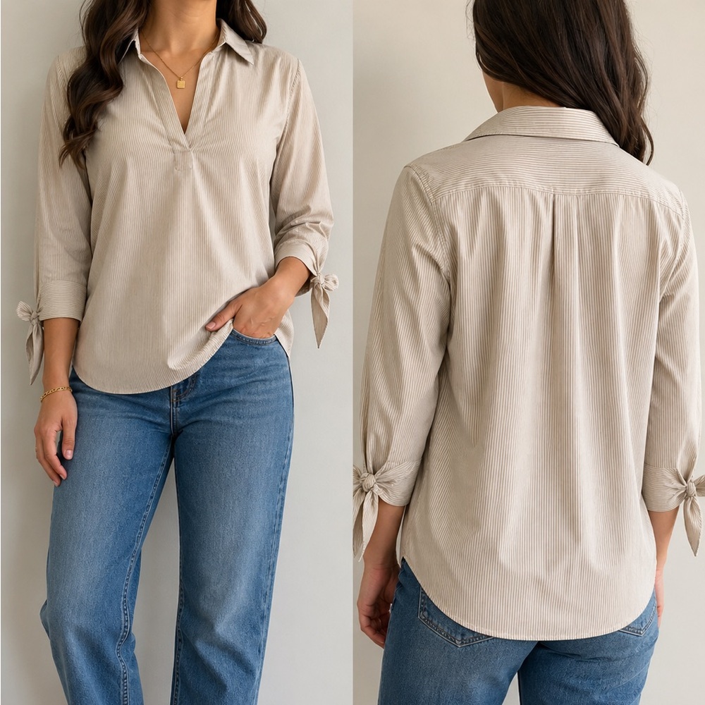 ✨ Michael Kors Beige Pinstripe Split-Neck Blouse | Size S | Like New